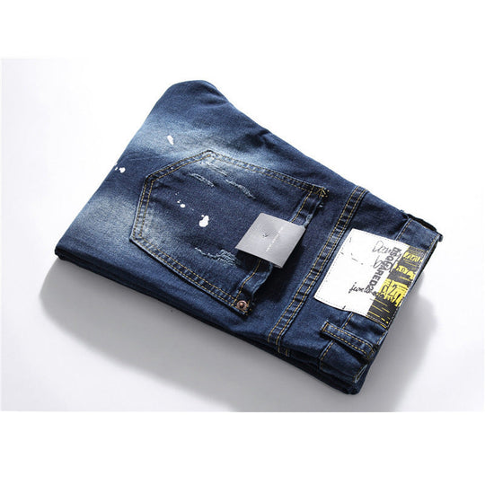 Men's Denim Zipper Blue Hole Pencil Pants