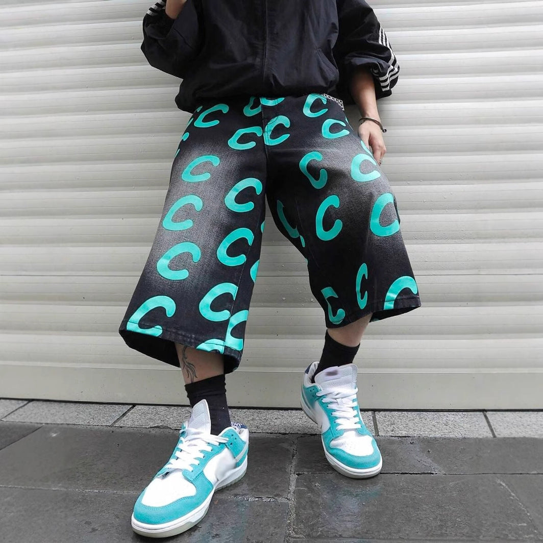 Loose Casual Straight-leg Black Denim Shorts