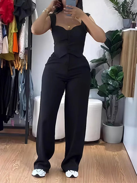 Chic Women Suit Y2k Sexy Two Piece Set Summer Sleeveless Slim Vest And Wide-leg Trouser Sets Elegant Solid Pants Women's Outfit