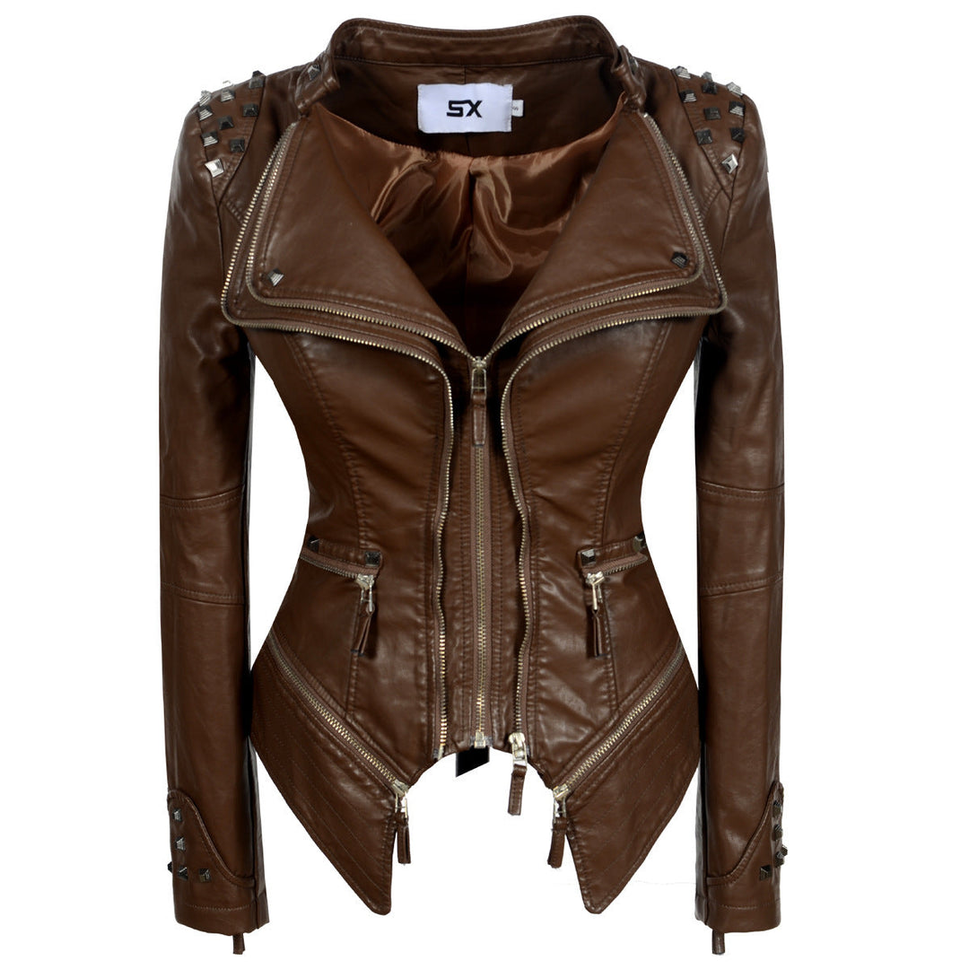 Women's Rivet Slim Washed Leather Motorcycle Jacket