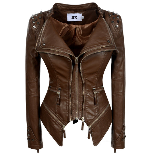 Women's Rivet Slim Washed Leather Motorcycle Jacket
