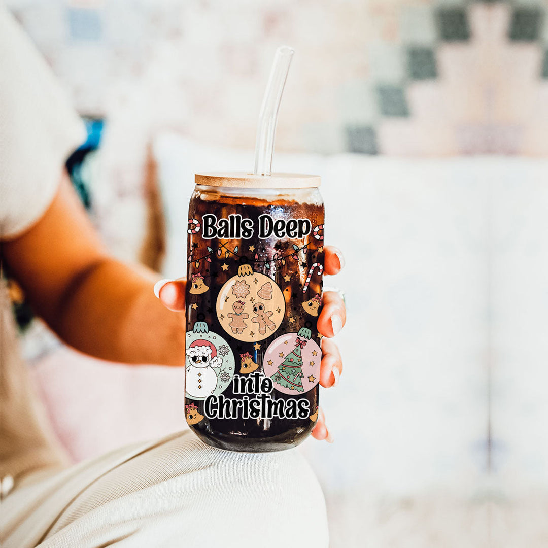 Balls Deep 17oz Christmas Mug Funny Holiday Cup With Ornament Design Humorous Seasonal Drinkware