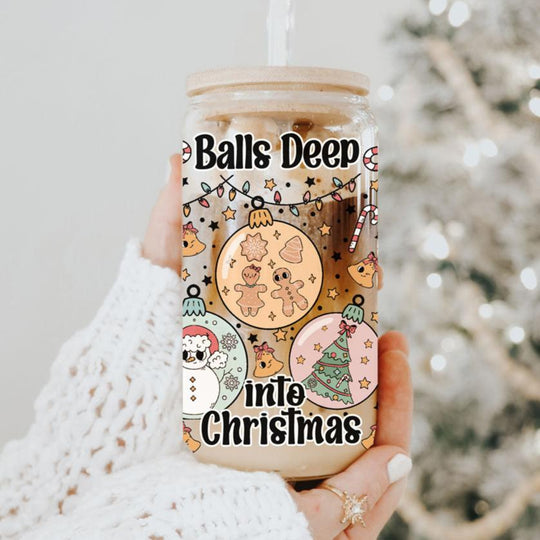 Balls Deep 17oz Christmas Mug Funny Holiday Cup With Ornament Design Humorous Seasonal Drinkware