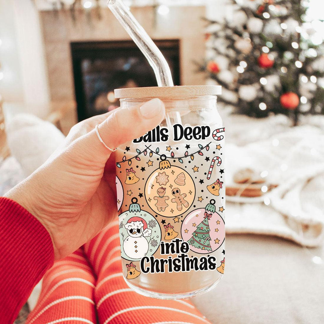 Balls Deep 17oz Christmas Mug Funny Holiday Cup With Ornament Design Humorous Seasonal Drinkware