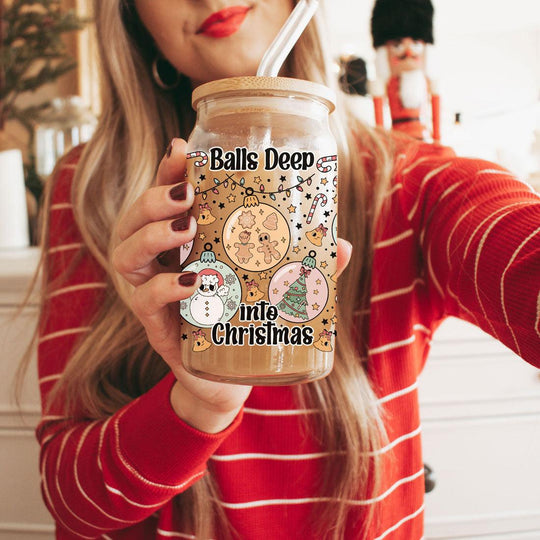 Balls Deep 17oz Christmas Mug Funny Holiday Cup With Ornament Design Humorous Seasonal Drinkware