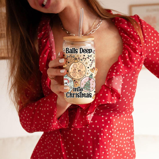 Balls Deep 17oz Christmas Mug Funny Holiday Cup With Ornament Design Humorous Seasonal Drinkware