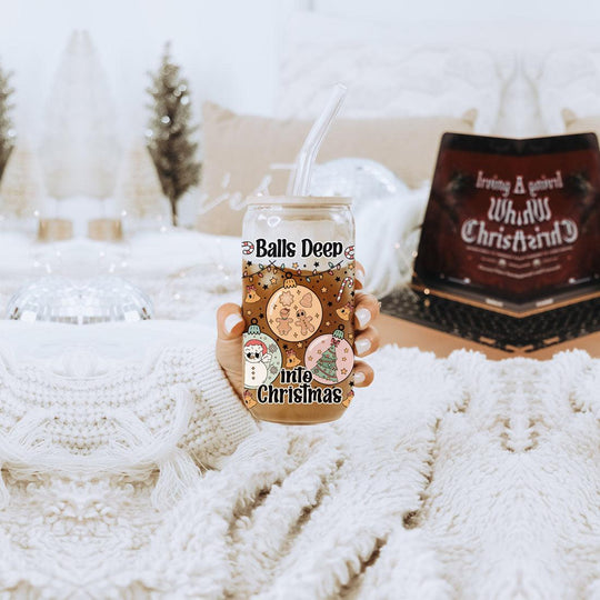 Balls Deep 17oz Christmas Mug Funny Holiday Cup With Ornament Design Humorous Seasonal Drinkware