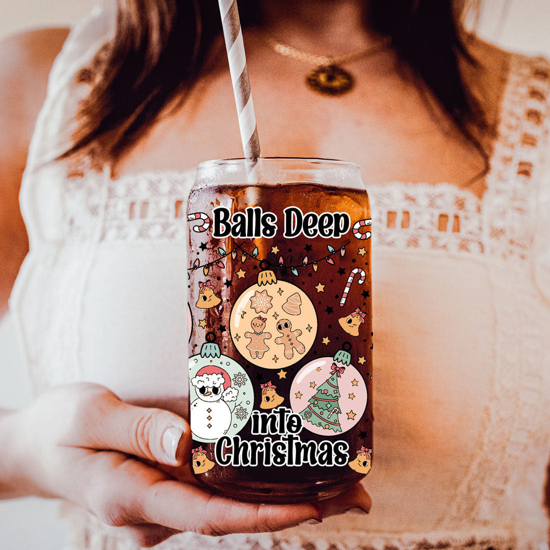 Balls Deep 17oz Christmas Mug Funny Holiday Cup With Ornament Design Humorous Seasonal Drinkware