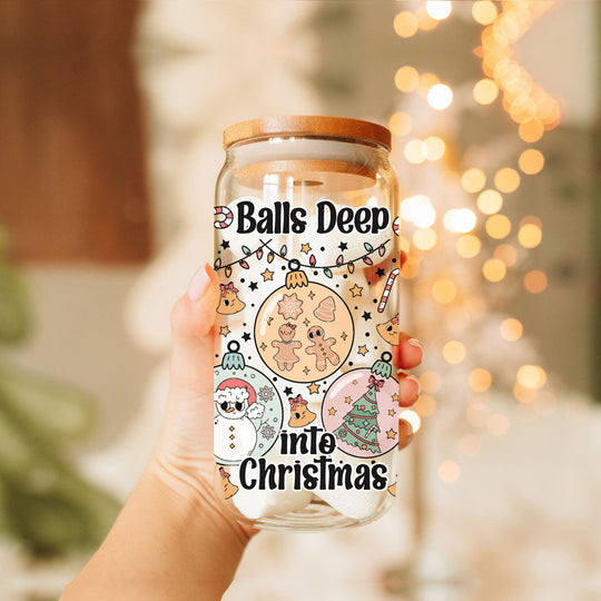 Balls Deep 17oz Christmas Mug Funny Holiday Cup With Ornament Design Humorous Seasonal Drinkware