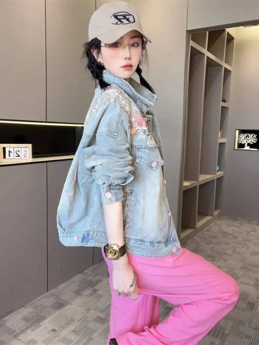 Spring Autumn Short Denim Jacket 2025 New Women's Embroidery Denim Outwear Chinese Style Women Denim Coat Women Loose Jeans Coat