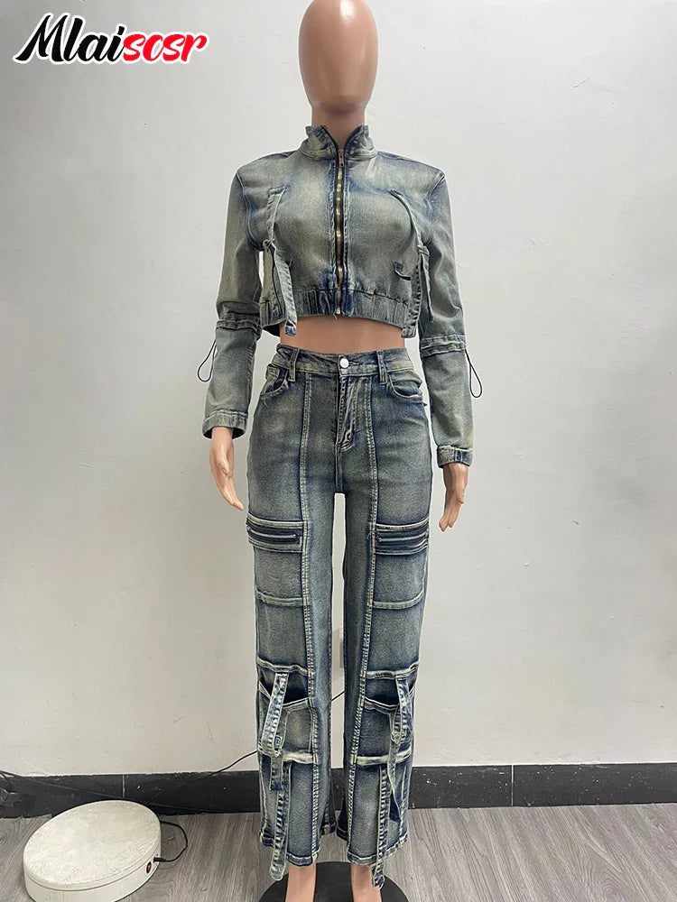 Mlaiscsr Vintage Stretch Denim 2 Piece Pants Sets Women Zip Slim Jackets and Pocket Cargo Jeans Outfit Streetwear Winter Suits