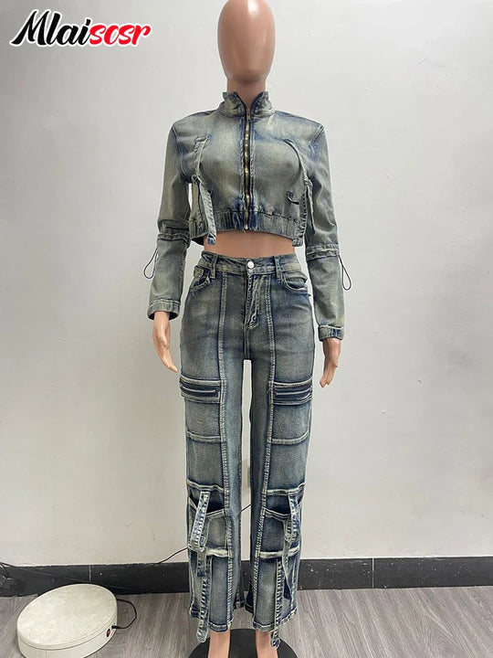 Mlaiscsr Vintage Stretch Denim 2 Piece Pants Sets Women Zip Slim Jackets and Pocket Cargo Jeans Outfit Streetwear Winter Suits