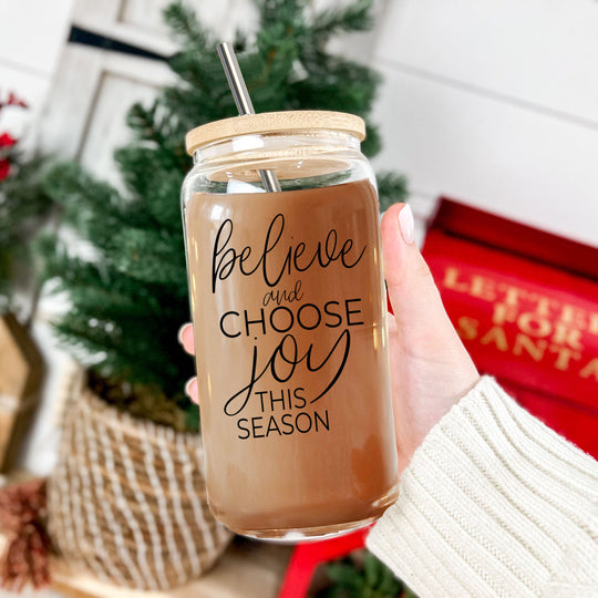 17oz Glass Tumbler With Bamboo Lid, 2 Steel Straws And Cleaner - Believe Joy