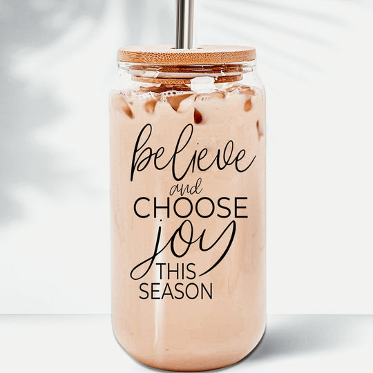 17oz Glass Tumbler With Bamboo Lid, 2 Steel Straws And Cleaner - Believe Joy