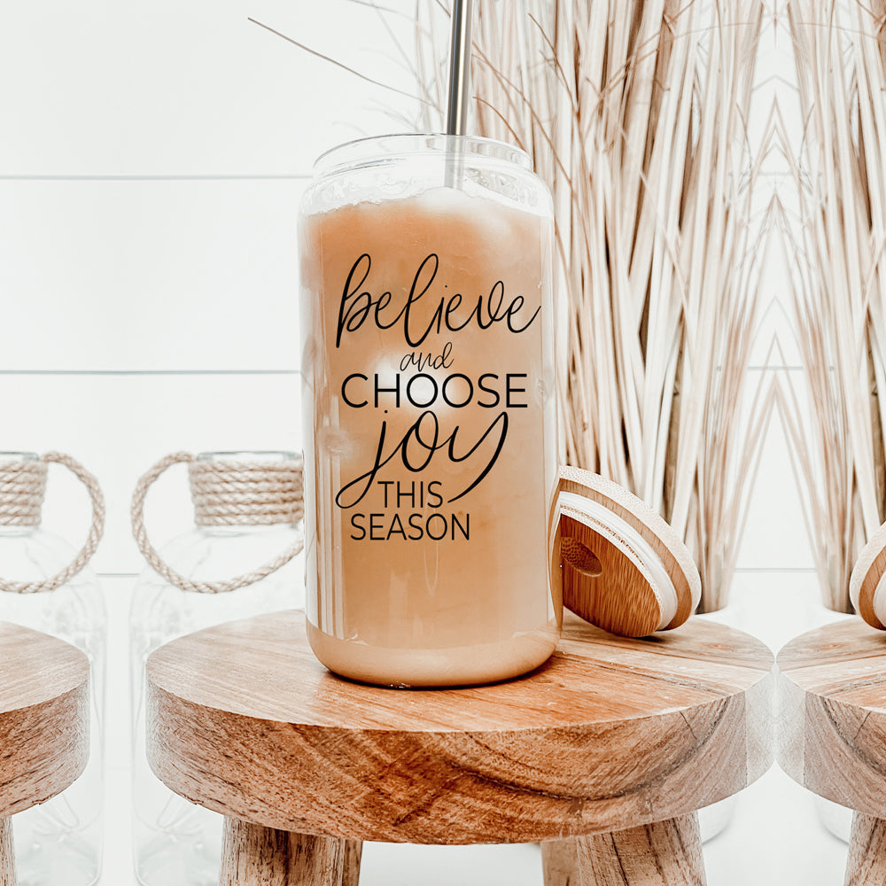 17oz Glass Tumbler With Bamboo Lid, 2 Steel Straws And Cleaner - Believe Joy