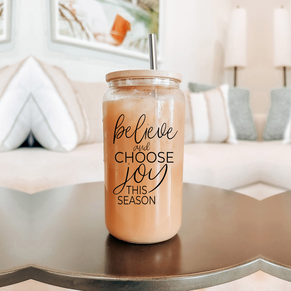 17oz Glass Tumbler With Bamboo Lid, 2 Steel Straws And Cleaner - Believe Joy