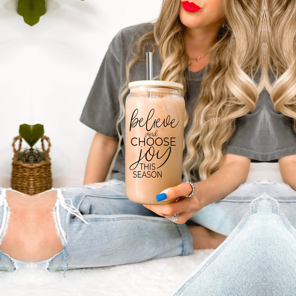 17oz Glass Tumbler With Bamboo Lid, 2 Steel Straws And Cleaner - Believe Joy