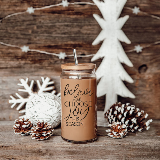 17oz Glass Tumbler With Bamboo Lid, 2 Steel Straws And Cleaner - Believe Joy