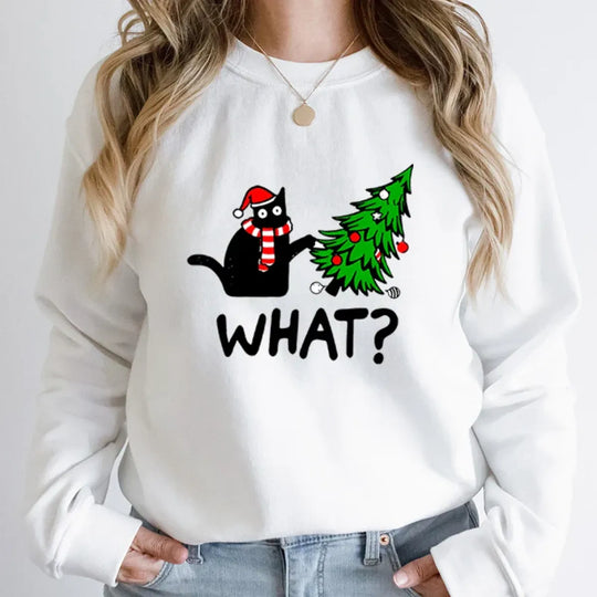 "What?" Black Cat Christmas Tree Sweatshirt