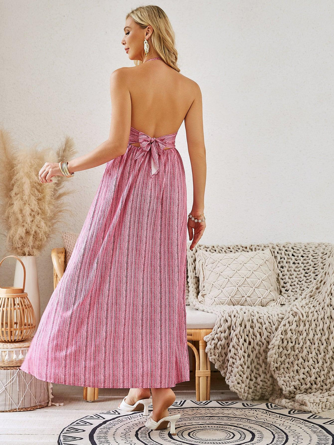 Bohemian Halter Maxi Dress - Women's Summer Sleeveless Flowy Beach Dress