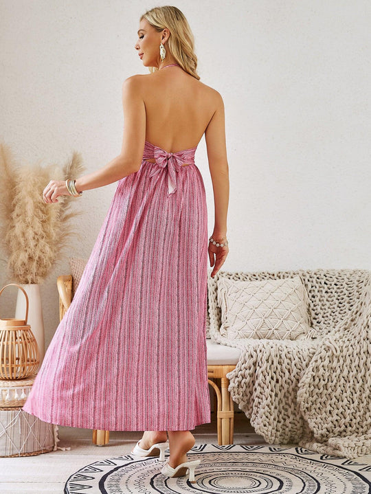 Bohemian Halter Maxi Dress - Women's Summer Sleeveless Flowy Beach Dress