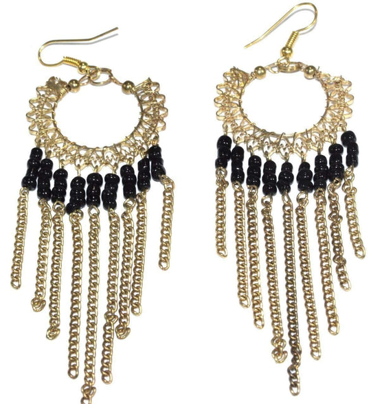 Boho Gold Filigree Jaali Hoop Earrings With Black Beads