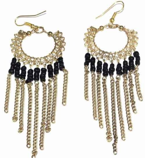 Boho Gold Filigree Jaali Hoop Earrings With Black Beads