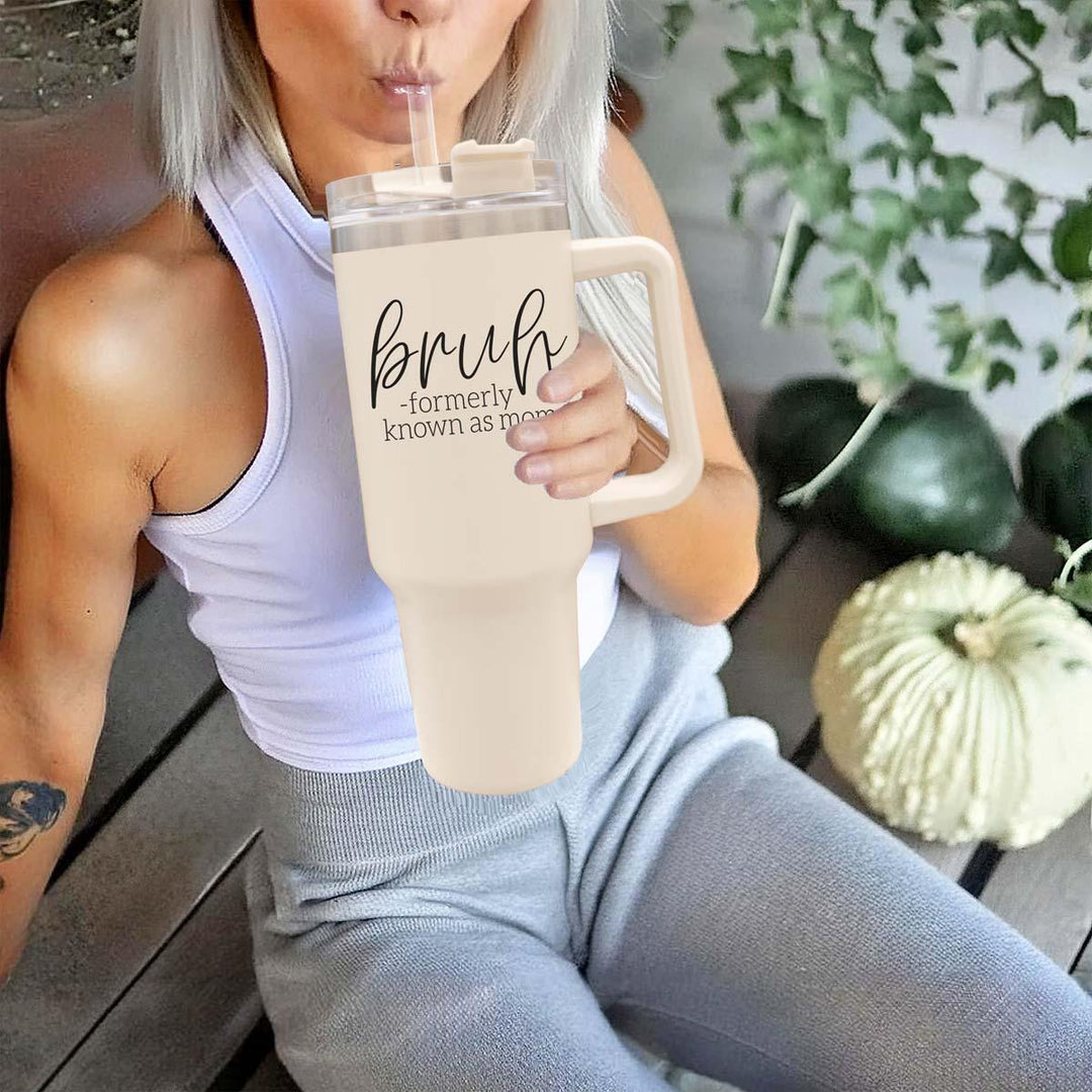 40oz Tumbler Insulated Travel Cup With Handle Lid Straw Funny Bruh Mom Gift