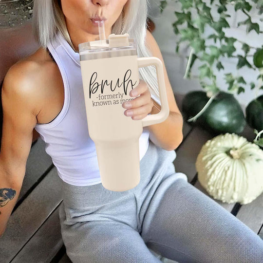 40oz Tumbler Insulated Travel Cup With Handle Lid Straw Funny Bruh Mom Gift