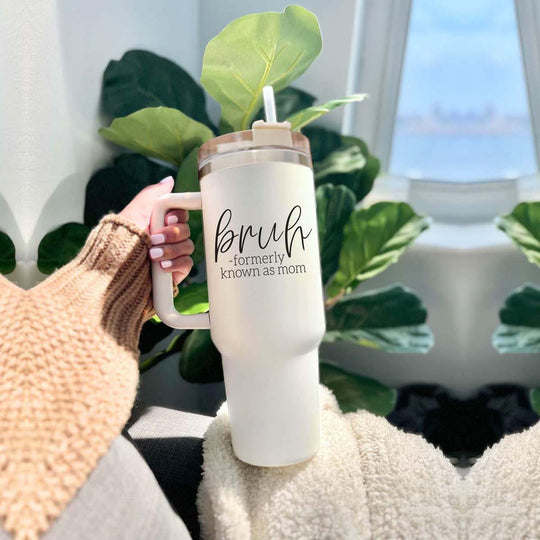 40oz Tumbler Insulated Travel Cup With Handle Lid Straw Funny Bruh Mom Gift