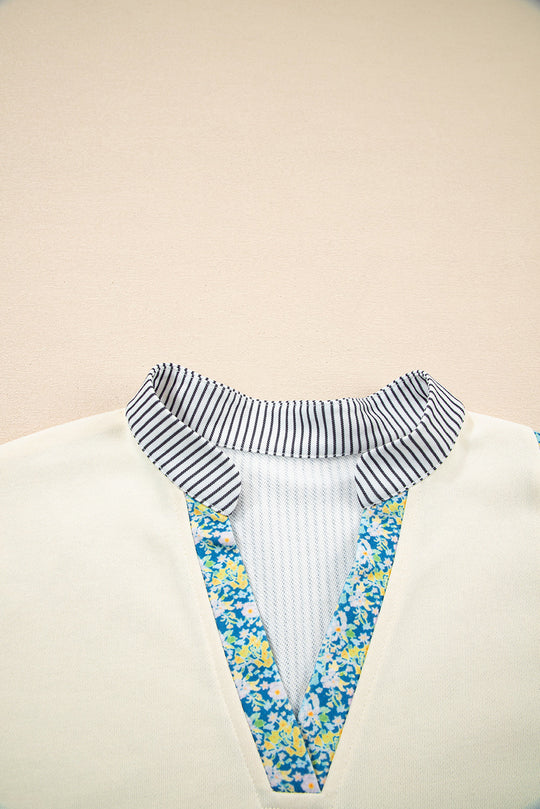 Floral Stripe Collared V-Neck Drop Sleeve Sweatshirt