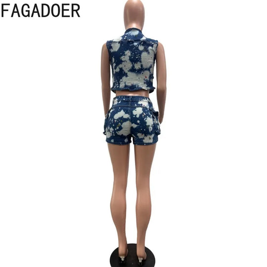 FAGADOER Fashion Printed Denim 2 Pieces Set for Woman Sleeveless Zip Cargo Pocket Jacket Patchwork Crop and Shorts Jeans Outfits