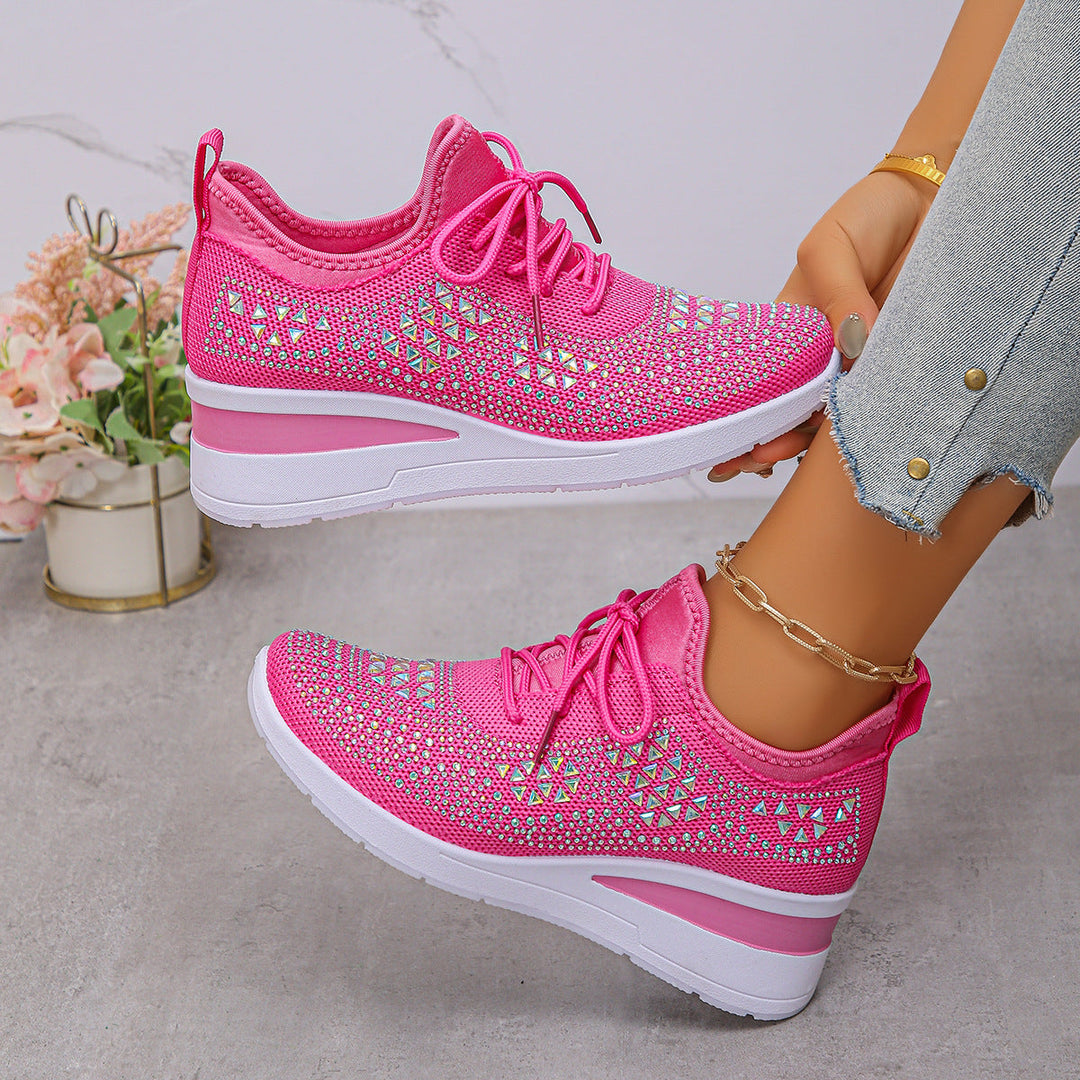 Ins Rhinestone Sneakers Fashion Lace Up Wedges Casual Shoes Women's Daily Commuting Sports Shoes