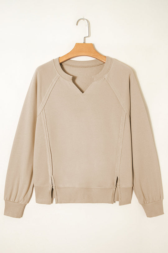Solid Raw Edge Raglan Sleeve Side Slit Sweatshirt