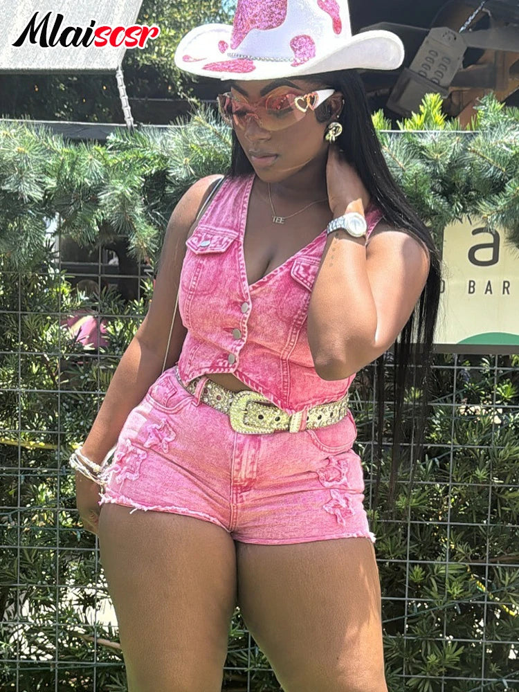 Mlaiscsr Pink Stretch Denim Sexy 2 Piece Club Outfit Women Sets V-Neck Vest Crop Tops and Embroidered Shorts Suit Y2k Streetwear