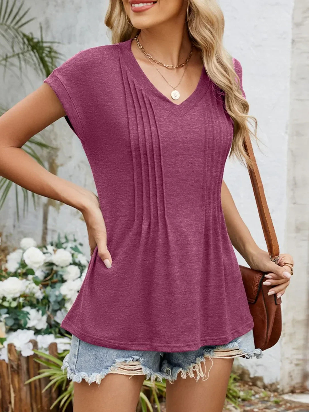 Casual V-Neck Pleated Front T-Shirt