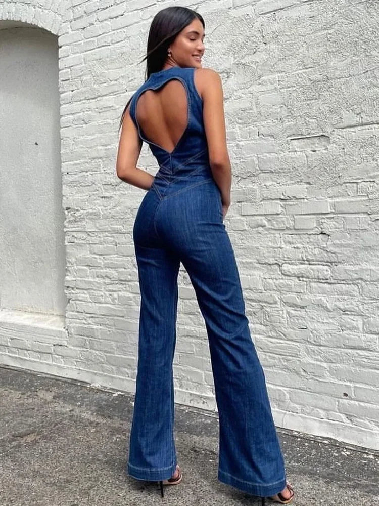 TARUXY Backless Heart Cutout Bodycon Jumpsuit For Women Casual Sleeveless Slim One-Piece Outfits Retro Denim Jumpsuits New 2025