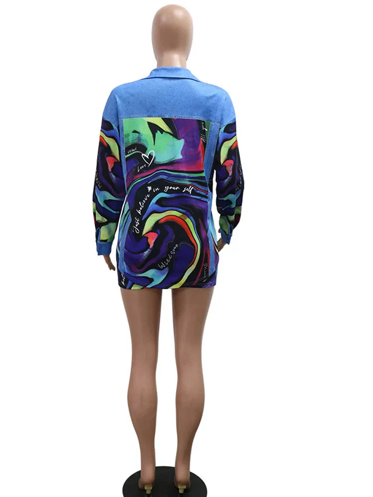 Beyprern Lux Denim Effect Set Women's Print Long Sleeve Colorful Blouse Top And Skirt Set Two-Piece Dress Outfits Night Clubwear