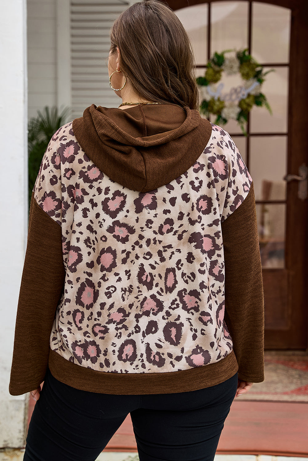 Plus Size Leopard Knit Patchwork Hoodie