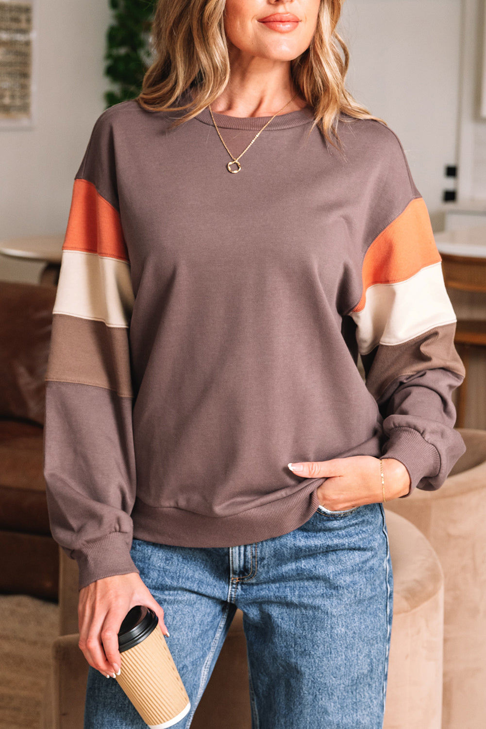 Colorblock Drop Shoulder Pullover Sweatshirt