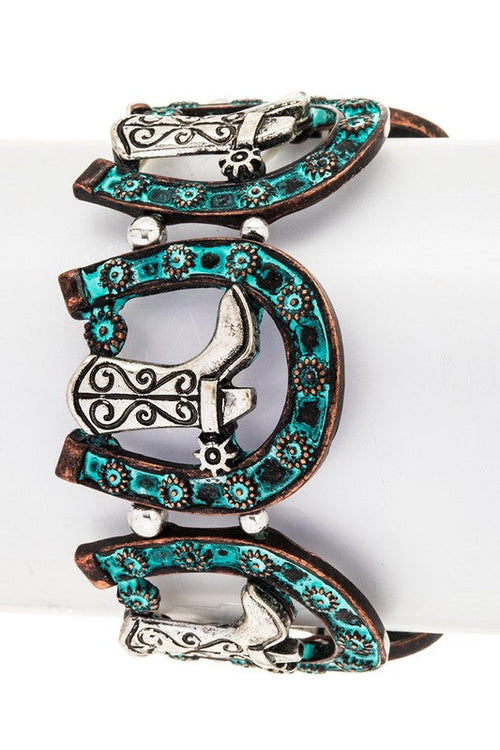 Cowboy Boots Horseshoe Stretch Bracelet Turquoise Accents