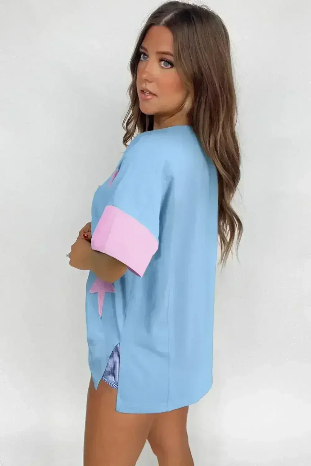 Aruba Blue Frayed Star Patched 4th of July Oversize T Shirt