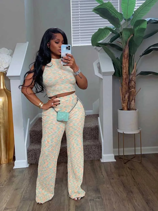 2 Piece Sets Womens Outfits Elegant Stretchy Knitted Summer Suit Sexy Sleeveless Top and Pant Suit Wholesale Dropshipping