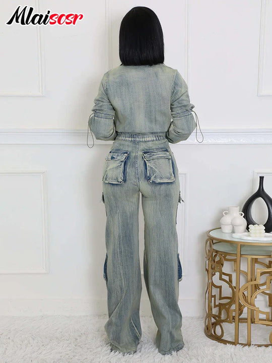 Mlaiscsr Vintage Stretch Denim 2 Piece Pants Sets Women Zip Slim Jackets and Pocket Cargo Jeans Outfit Streetwear Winter Suits