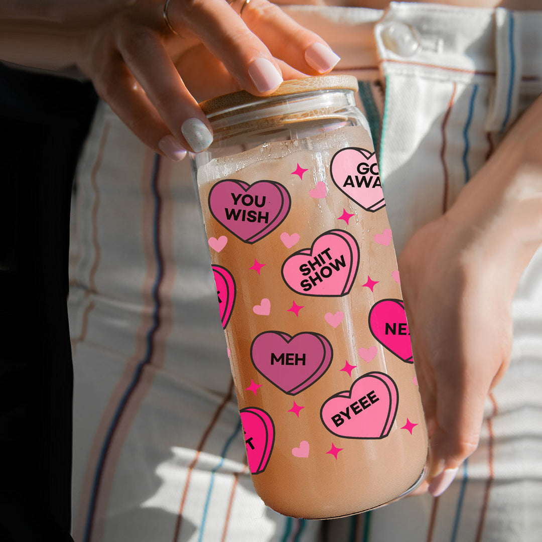 Funny Candy Heart Glass Cup 20oz With Bamboo Lid - Sarcastic V Day Gift