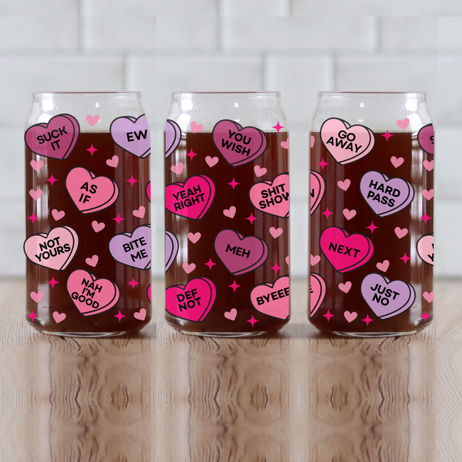 Funny Candy Heart Glass Cup 20oz With Bamboo Lid - Sarcastic V Day Gift