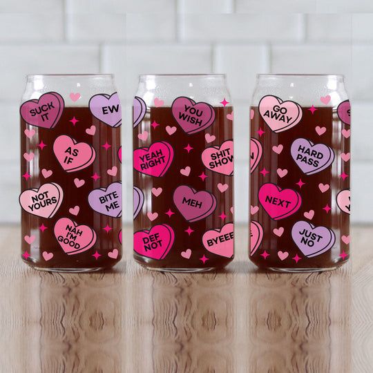 Funny Candy Heart Glass Cup 20oz With Bamboo Lid - Sarcastic V Day Gift