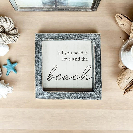 Love And Beach Wooden Sign 5x5 Beach House Wall Decor Distressed Gray Frame