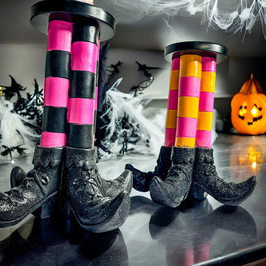 Witch Leg Pillar Candle Holder Halloween Decor Striped Boots Glitter