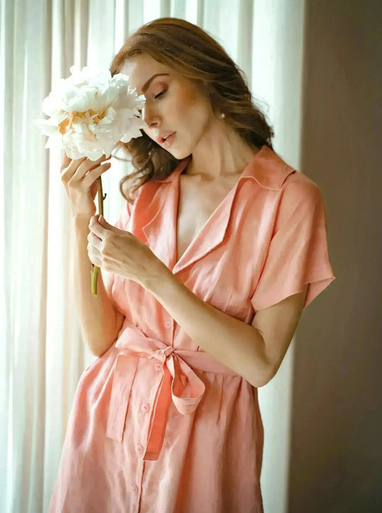 ARYA Safari Linen Midi Dress, in Salmon Pink